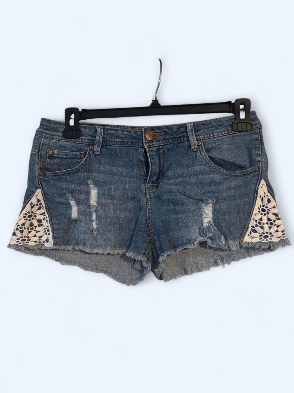 Celebrity Pink Crochet Lace Distressed Denim Shorts